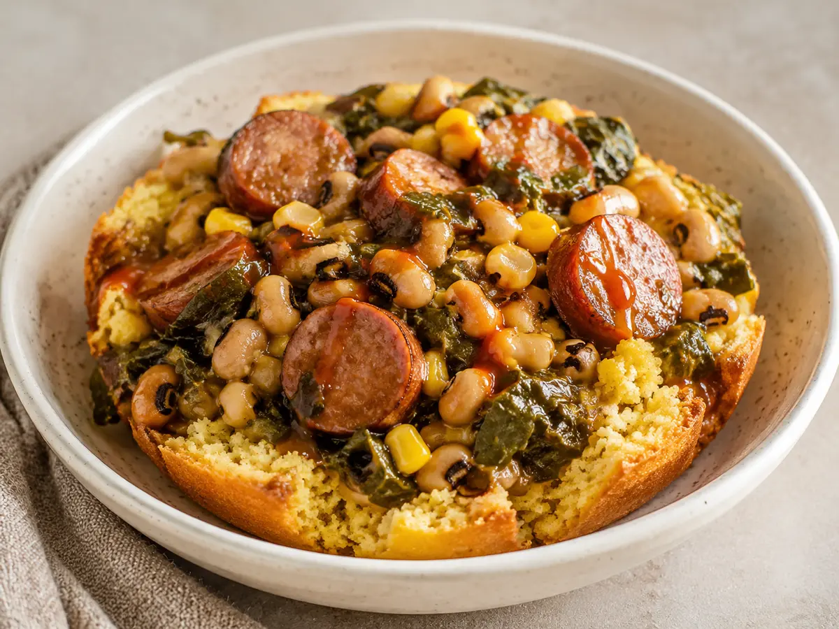 Southern Smoked Sausage Cornbread Bowls recipe
